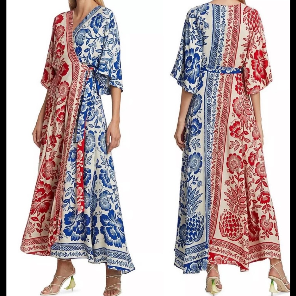 Farm Rio Garden Floral Split-Panel Wrap Maxi Dress in Red & Blue